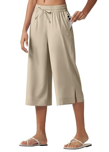 WILLIT Caprihose Damen Sommer Badehose Capri Hosen Weite Freizeithose Sporthose Beach Board Schwimmen Badeanzug Schnelltrocknend Leicht UPF50+ Taschen Khaki L von WILLIT