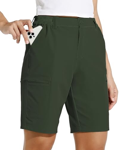 WILLIT Damen 10" Cargoshorts Wanderhose Stretch Golf Aktiv Lang Shorts Schnelltrocken Outdoor Freizeit Leichte Sommer Reise Shorts Olivgrün L von WILLIT