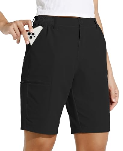 WILLIT Damen 10" Cargoshorts Wanderhose Stretch Golf Aktiv Lange Shorts Schnelltrocken Outdoor Leichte Sommer Reise Shorts Schwarz XS von WILLIT