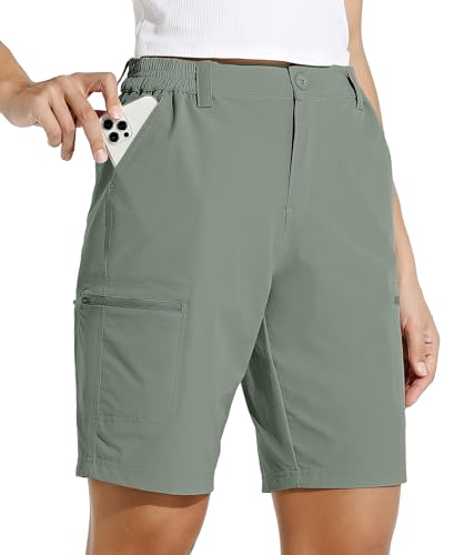 WILLIT Damen 10" Cargoshorts Wanderhose Stretch Golf Aktiv Lang Shorts Schnelltrockner Outdoor Leichte Sommer Reise Shorts Graugrün XL von WILLIT