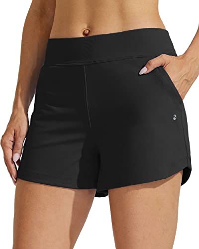 WILLIT Damen Badeshorts Swim Board Shorts Badehose Schwimmen Bottoms Tummy Control Bikini Shorts Beachshorts 3,5 Zoll mit Liner Schwarz 2XL von WILLIT