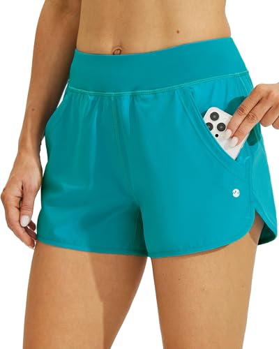 WILLIT Damen 3" Badeshorts Badehose Schwimmen Boardshorts mit Kurzliner Taschen Schnelltrockner UV Schutz Grün M von WILLIT