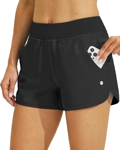 WILLIT Damen 3" Badeshorts Badehose Schwimmen Boardshorts mit Kurzliner Taschen Schnelltrockner UV Schutz Schwarz S von WILLIT