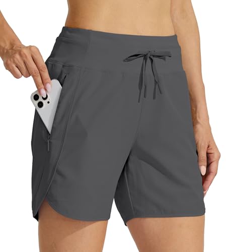 WILLIT Damen Shorts Sporthose Kurz Laufhose Sommer Laufshorts Wanderhose Schnelltrockene High Waisted Fitness Sport Running Reißverschlusstasche 5" Dunkelgrau L von WILLIT