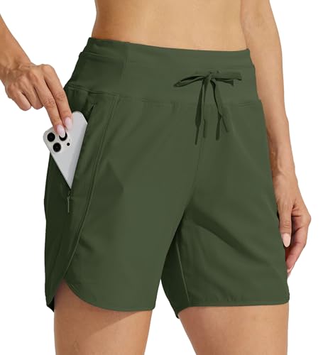 WILLIT Damen Shorts Sporthose Kurz Laufhose Sommer Laufshorts Wanderhose Schnelltrockene High Waisted Fitness Sport Running Reißverschlusstasche 5" Olivengrün XL von WILLIT
