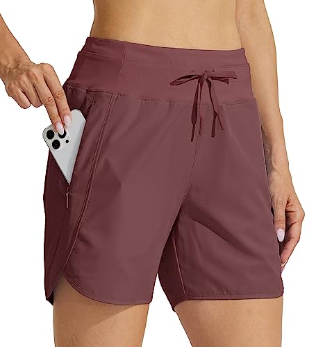 WILLIT Damen 5" Athletische Laufshorts Lange Workout Wandershorts Running Jogging Laufhose Schnelltrockene High Waisted Aktivshorts Reißverschlusstasche Dunkelrot 3XL von WILLIT