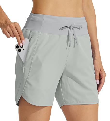 WILLIT Damen 5" Athletische Laufshorts Lange Workout Wandershorts Running Jogging Laufhose Schnelltrockene High Waisted Aktivshorts Reißverschlusstasche Hellgrau 3XL von WILLIT