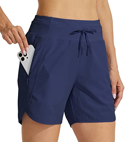 WILLIT Damen 5" Athletische Laufshorts Lange Workout Wandershorts Running Jogging Laufhose Schnelltrockene High Waisted Aktivshorts Reißverschlusstasche Navy 3XL von WILLIT