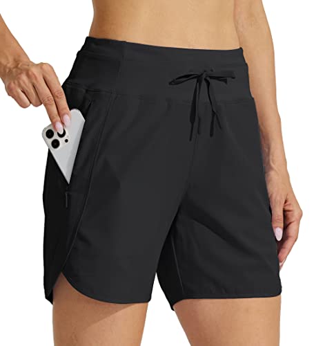 WILLIT Damen 5" Athletische Laufshorts Schnelltrockene Workout Wandershorts Running Jogging Laufhose High Waisted Aktiv Shorts Zippertasche Schwarz 3XL von WILLIT