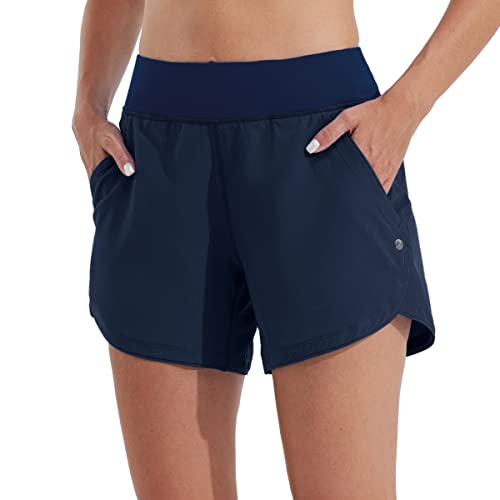 WILLIT Damen 5" Badeshorts Boardshorts UPF50+ Badehose High Waisted Schwimmshorts Badehose Schnell Trocknende UV Schutz mit Liner Taschen Navy Blau Größe 42 von WILLIT