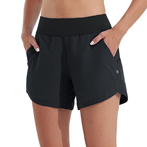 WILLIT Damen 5" Badeshorts Boardshorts UPF50+ Badehose High Waisted Schwimmshorts Badehose Schnell Trocknende UVA Schutz mit Liner Taschen Schwarz Größe 50 von WILLIT