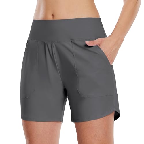 WILLIT Damen 5" Badeshorts Swim Board Shorts Schnelltrocken UPF 50+ High Waisted Tummy Control Beach Shorts mit Taschen Deep Gray L von WILLIT