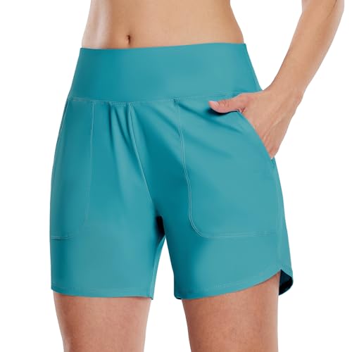 WILLIT Damen 5" Badeshorts Swim Board Shorts Schnelltrocknend UPF 50+ High Waisted Tummy Control Strandshorts mit Taschen Atoll L von WILLIT