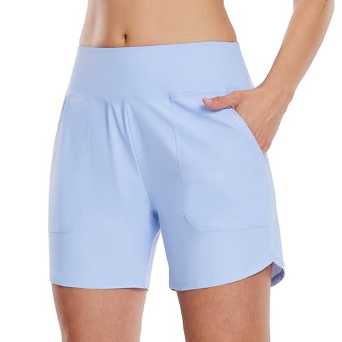 WILLIT Damen Badeshorts Swim Badehose Boardshorts High Waist Sommer Bikini Shorts Schnelltrocknend UPF 50+ Tummy Control Beach Shorts 5" mit Taschen Hellblau XXXL von WILLIT