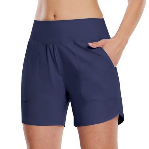 WILLIT Damen Badeshorts Swim Badehose Boardshorts High Waist Sommer Bikini Shorts Schnelltrocknend UPF 50+ Tummy Control Beach Shorts 5" mit Taschen Marineblau XS von WILLIT