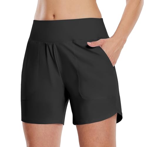 WILLIT Damen Badeshorts Swim Badehose Boardshorts High Waist Sommer Bikini Shorts Schnelltrocknend UPF 50+ Tummy Control Beach Shorts 5" mit Taschen Schwarz XL von WILLIT