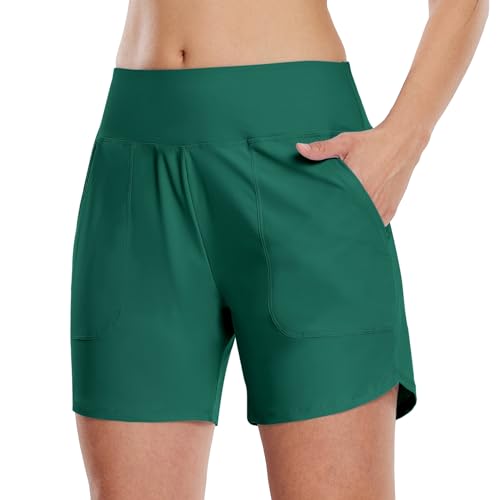 WILLIT Damen Badeshorts Swim Badehose Boardshorts High Waist Sommer Bikini Shorts Schnelltrocknend UPF 50+ Tummy Control Beach Shorts 5" mit Taschen Teal L von WILLIT