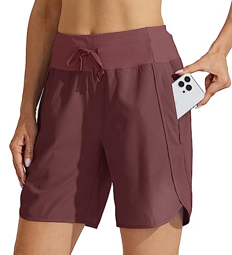 WILLIT Damen 7" Athletische Laufshorts Lange Workout-Wandershorts Running Jogging Laufhose Schnelltrockene High Waisted Aktiv Shorts Zippertasche Dunkelrot S von WILLIT