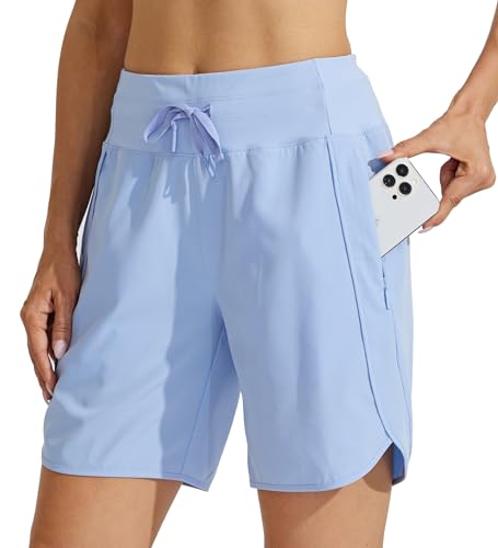 WILLIT Damen 7" Athletische Laufshorts Lange Workout-Wandershorts Running Jogging Laufhose Schnelltrockene High Waisted Aktiv Shorts Zippertasche Hellblau M von WILLIT