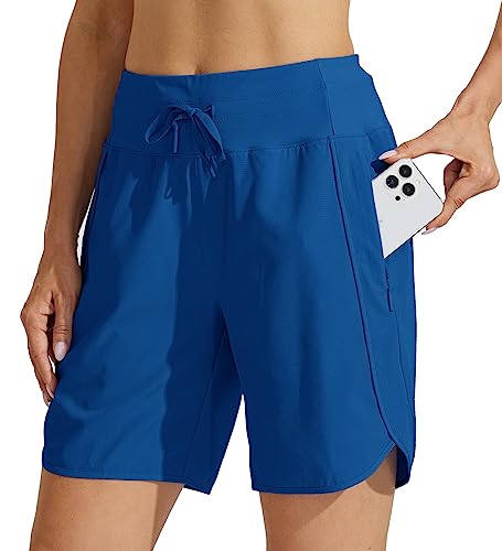 WILLIT Damen 7" Athletische Laufshorts Lange Workout-Wandershorts Running Jogging Laufhose Schnelltrockene High Waisted Aktiv Shorts Zippertasche Himmelblau L von WILLIT