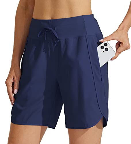 WILLIT Damen 7" Athletische Laufshorts Lange Workout-Wandershorts Running Jogging Laufhose Schnelltrockene High Waisted Aktiv Shorts Zippertasche Navy M von WILLIT