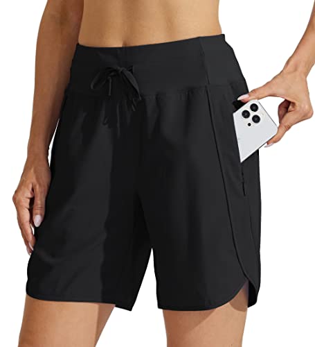 WILLIT Damen 7" Athletische Laufshorts Lange Workout-Wandershorts Running Jogging Laufhose Schnelltrockene High Waisted Aktiv Shorts Zippertasche Schwarz S von WILLIT