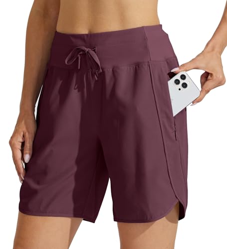 WILLIT Damen Shorts Sporthose Kurz High Waist Laufhose Sommer Laufshorts Schnelltrocknend Wanderhose Kurze Hose Sport Fitness Running mit Taschen 7" Dunkelrot XS von WILLIT
