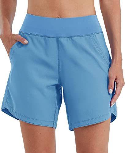 WILLIT Damen 7" Badeshorts Schwimmen Boardshorts Badehose Schnell Trocknend Bikini Shorts High Waisted Trunks UPF50+ UV Schutz mit Liner Taschen Blau Größe 34 von WILLIT