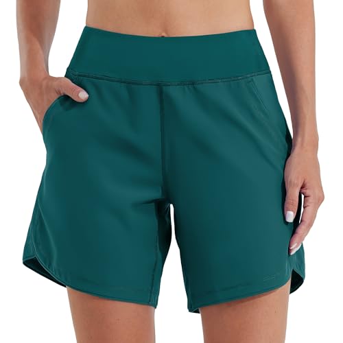WILLIT Badeshorts Damen Badehose Schwimmen Boardshorts Schnelltrocknend Sommer Bikini Shorts High Waist Trunks UPF50+ UVA Schutz 7" mit Liner Taschen Grün Größe 40 von WILLIT