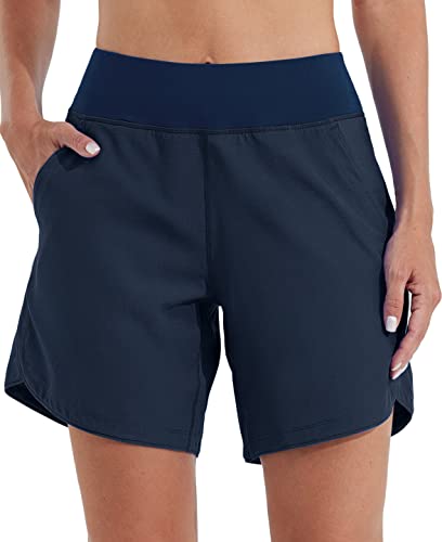 WILLIT Damen 7" Badeshorts Schwimmen Boardshorts Badehose Schnell Trocknend Bikini Shorts High Waisted Trunks UPF50+ UV Schutz mit Liner Taschen Navy Blau Größe 50 von WILLIT