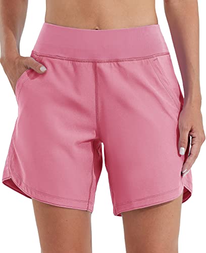 WILLIT Damen 7" Badeshorts Schwimmen Boardshorts Badehose Schnell Trocknend Bikini Shorts High Waisted Trunks UPF50+ UV Schutz mit Liner Taschen Rosa Größe 38 von WILLIT