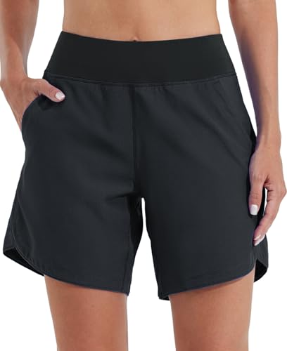 WILLIT Damen 7" Badeshorts Schwimmen Boardshorts Badehose Schnell Trocknend Bikini Shorts High Waisted Trunks UPF50+ UV Schutz mit Liner Taschen Schwarz Größe 50 von WILLIT