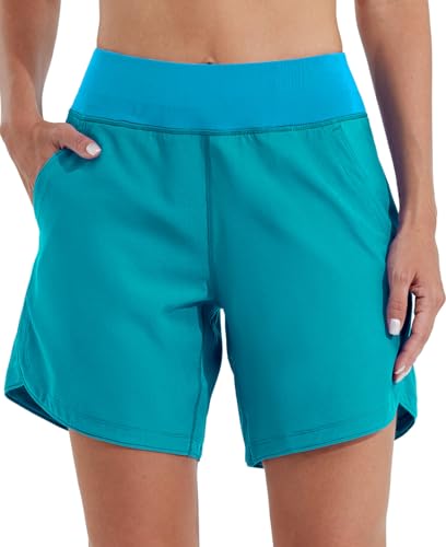 WILLIT Badeshorts Damen Badehose Schwimmen Boardshorts Schnelltrocknend Sommer Bikini Shorts High Waist Trunks UPF50+ UVA Schutz 7" mit Liner Taschen Himmelblau Größe 44 von WILLIT