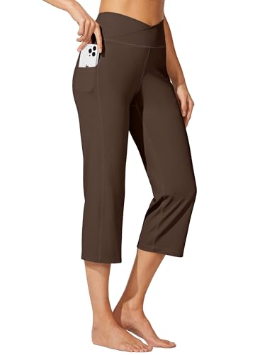 WILLIT Damen Capri Yogahose Straight Leg Stretch Arbeitshose Crossover Elegante High Waisted mit Taschen Yoga Workout Casual Braun S von WILLIT
