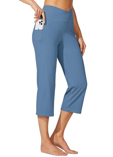 WILLIT Damen Capri Yogahose Straight Leg Stretch Arbeitshose Crossover Elegante High Waisted mit Taschen Yoga Workout Casual Graublau S von WILLIT