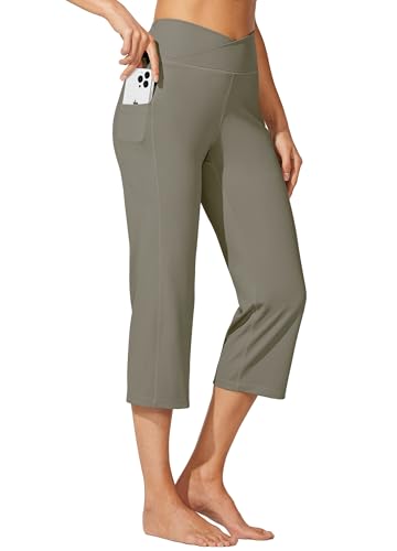 WILLIT Damen Capri Yogahose Straight Leg Stretch Arbeitshose Crossover Elegante High Waisted mit Taschen Yoga Workout Casual Graugrün XS von WILLIT