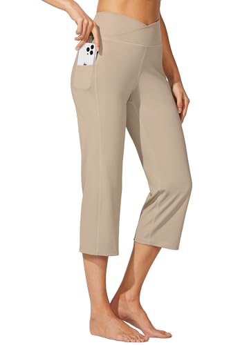 WILLIT Damen Capri Yogahose Straight Leg Stretch Arbeitshose Crossover Elegante High Waisted mit Taschen Yoga Workout Casual Khaki XL von WILLIT
