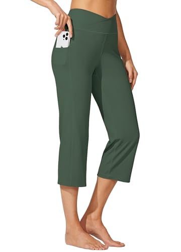 WILLIT Damen Capri Yogahose Straight Leg Stretch Arbeitshose Crossover Elegante High Waisted mit Taschen Yoga Workout Casual Olivgrün S WILLIT Damen Capri Yogahose Straight Leg Stretch Arbeitshose Crossover Elegante High Waisted mit Taschen Yoga Workout Casual Olivgrün S von WILLIT
