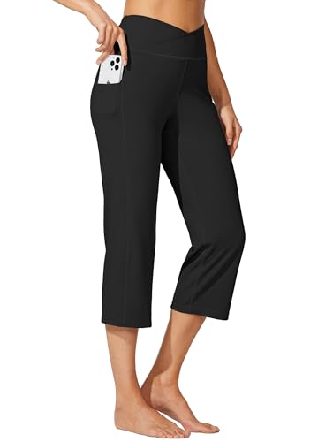 WILLIT Damen Capri Yogahose Straight Leg Stretch Arbeitshose Crossover Elegante High Waisted mit Taschen Yoga Workout Casual Schwarz XL von WILLIT