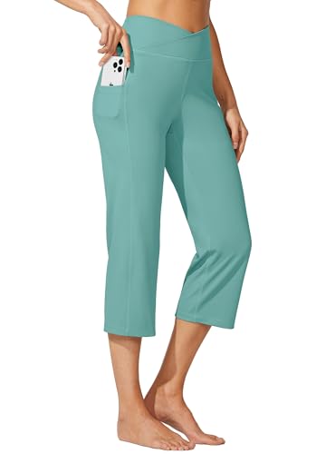 WILLIT Damen Capri Yogahose Straight Leg Stretch Arbeitshose Crossover Elegante High Waisted mit Taschen Yoga Workout Casual Seegrün XL von WILLIT