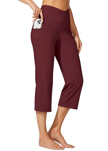 WILLIT Damen Capri Yogahose Straight Leg Stretch Arbeitshose Crossover Elegante High Waisted mit Taschen Yoga Workout Casual Weinrot L WILLIT Damen Capri Yogahose Straight Leg Stretch Arbeitshose Crossover Elegante High Waisted mit Taschen Yoga Workout Casual Weinrot L von WILLIT