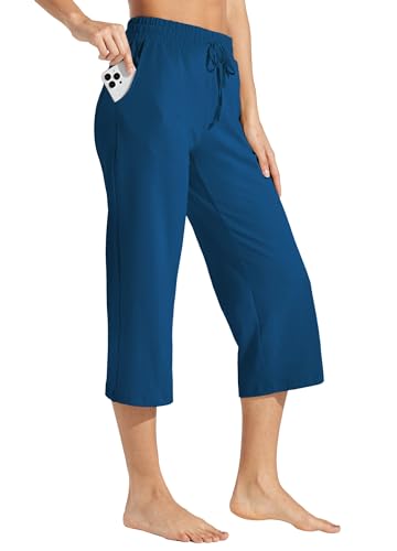 WILLIT Damen Caprihose Baumwolle Yoga Capri Casual Lounge Hose Weites Bein Workout Jogginghose mit Taschen 20" Marineblau XXXL von WILLIT