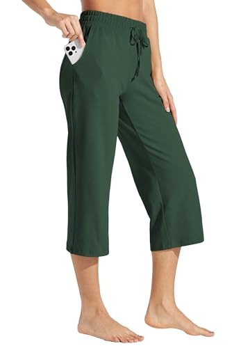 WILLIT Damen Caprihose Baumwolle Yoga Capri Casual Lounge Hose Weites Bein Workout Sporthose Jogginghose mit Taschen 20" Olivgrün M von WILLIT