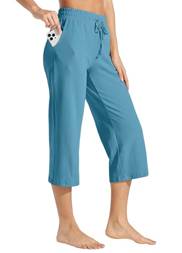 WILLIT Damen Caprihose Baumwolle Yoga Capri Casual Lounge Hose Weites Bein Workout Sporthose Jogginghose mit Taschen 20" Dunkelblau XS von WILLIT