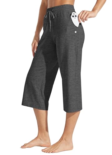 WILLIT Damen Caprihose Baumwolle Yoga Capri Casual Lounge Hose Weites Bein Workout Sporthose Jogginghose mit Taschen 20" Grau S von WILLIT