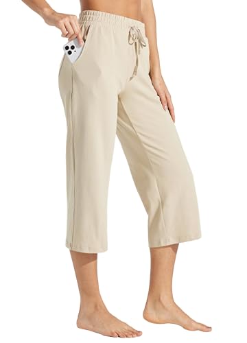 WILLIT Damen Caprihose Baumwolle Yoga Capri Casual Lounge Hose Weites Bein Workout Sporthose Jogginghose mit Taschen 20" Khaki XS von WILLIT