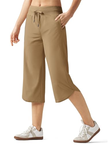 WILLIT Damen Caprihose Weites Bein Wanderhose Laufhose Sporthose Schnell Trocknend Capri Jogginghose Trekkinghose Leichte mit Taschen Dunkelkhaki XXL von WILLIT
