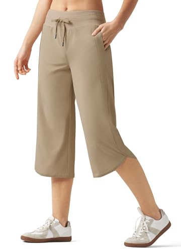 WILLIT Damen Caprihose Weites Bein Wanderhose Laufhose Sporthose Schnell Trocknend Capri Jogginghose Trekkinghose Leichte mit Taschen Khaki M von WILLIT