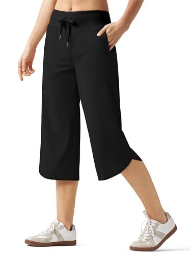 WILLIT Damen Caprihose Weites Bein Wanderhose Laufhose Sporthose Schnell Trocknend Capri Jogginghose Trekkinghose Leichte mit Taschen Schwarz L von WILLIT