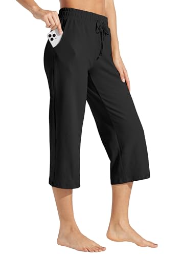 WILLIT Damen Caprihosen Baumwolle Yoga Capri Casual Lounge Hosen Wide Leg Workout Sweatpants mit Taschen 20" Schwarz S von WILLIT